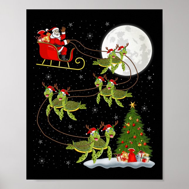 Poster Sea Turtle Santa Sleigh Flying Funny Magical Chris (Devant)