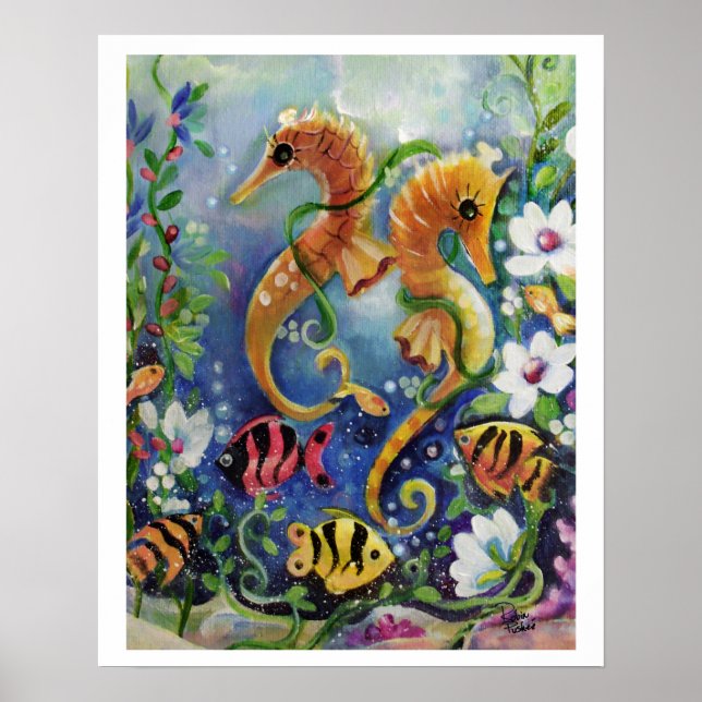 Poster SeaHorse et poissons tropicaux, colorés (Devant)