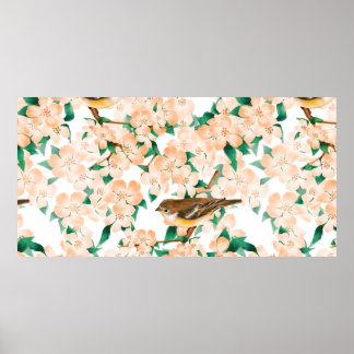 Poster Seamless floral pattern with birds