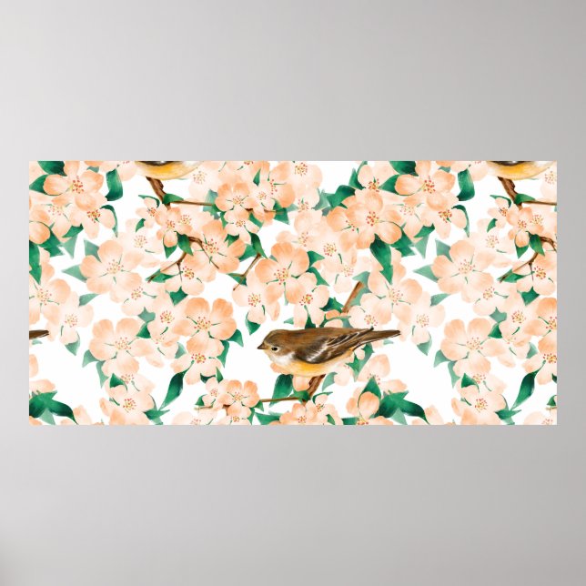 Poster Seamless floral pattern with birds (Devant)