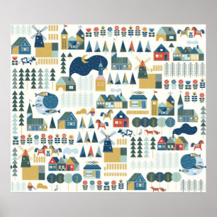 Poster Seamless pattern with scandinavian village in past