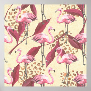 Poster Seamless tropical pattern with pink flamingo, leav