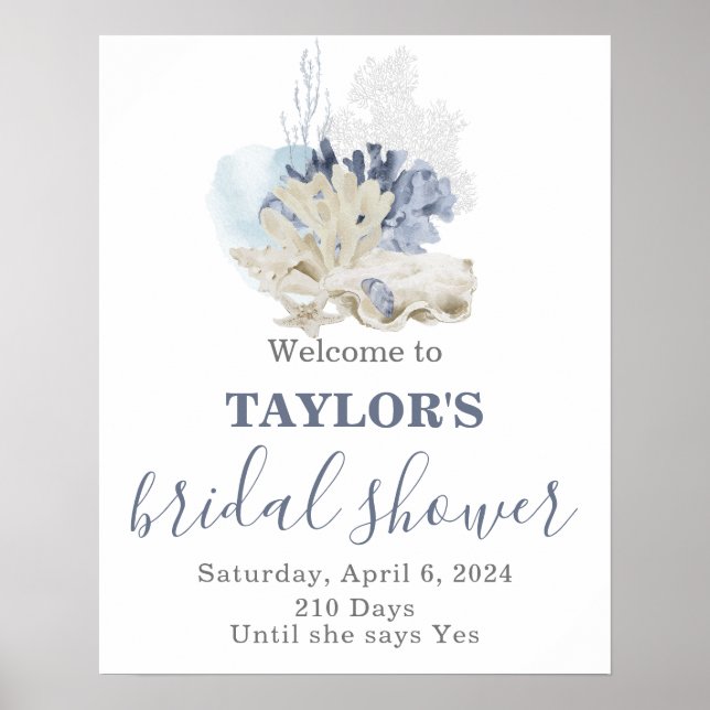 Poster Seashell beach blue bridal shower Welcome (Devant)