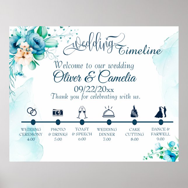 Poster Seashore Floral Wedding Day Icons Timeline (Devant)