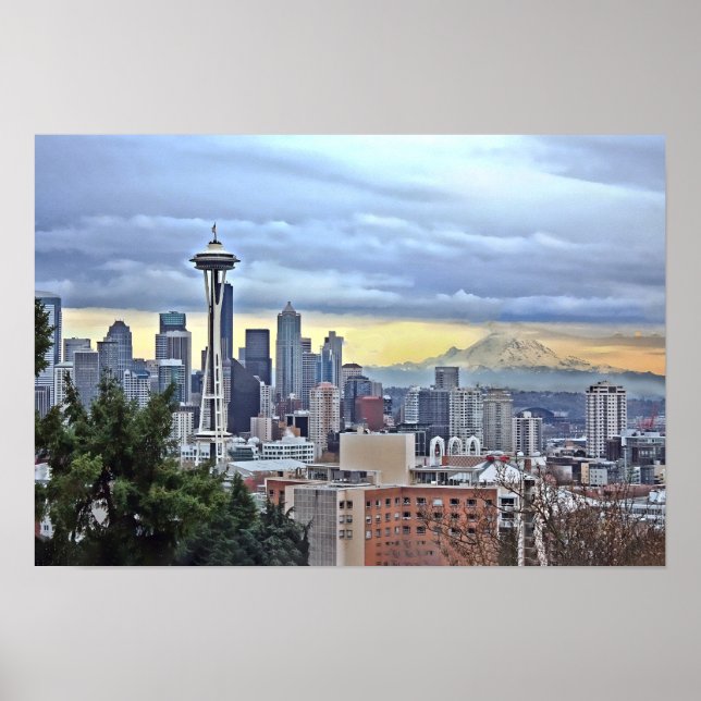 Poster Seattle Skyline dans le brouillard et la pluie (Devant)
