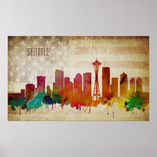 Poster Seattle, WA   Aquarelle Ville Skyline