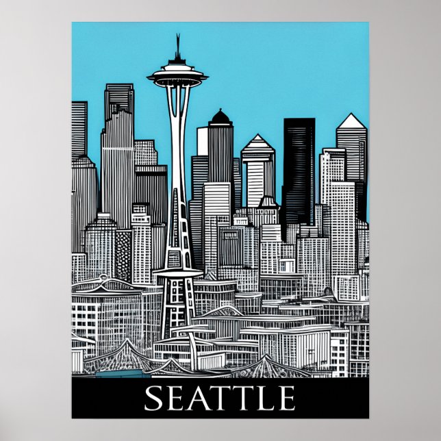 Poster Seattle Washington Cityscape en noir et blanc (Devant)