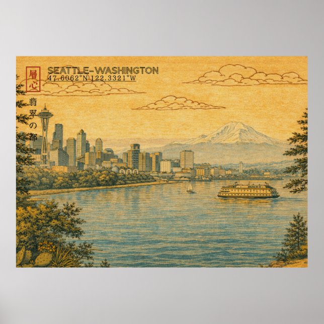 Poster Seattle Washington Skyline in Japanese Ukiyo-e (Devant)