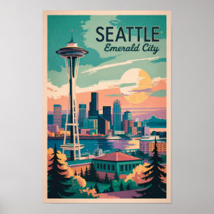 Poster Seattle Washington Skyline Voyage Art Rétro