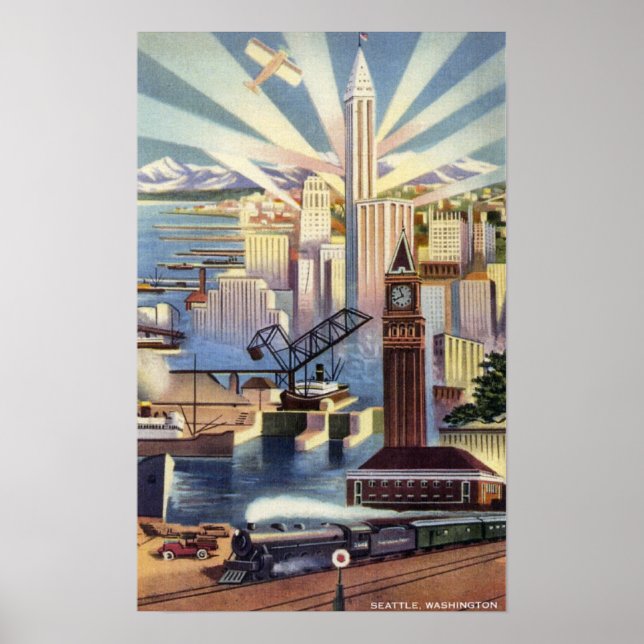 Poster Seattle, Washington - Vue du centre-ville (Devant)