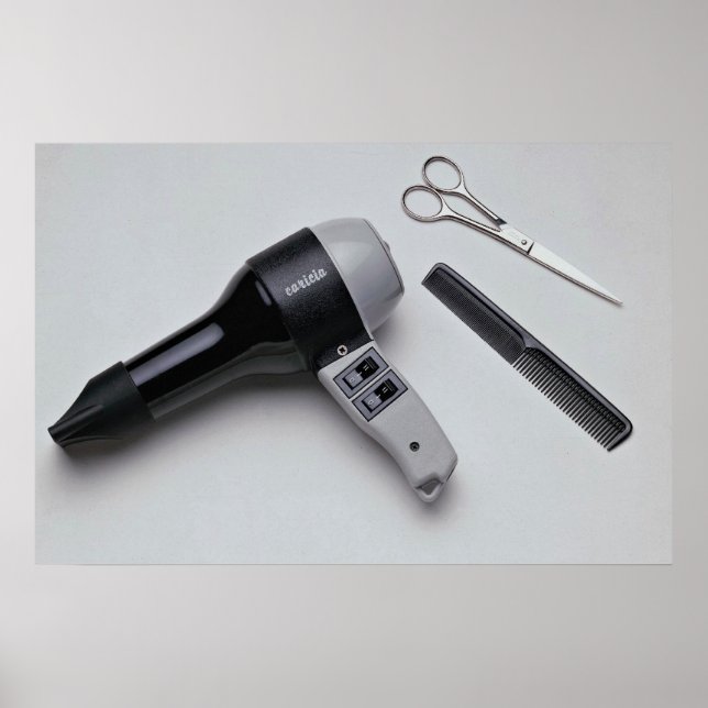 Poster Sèche-cheveux avec ciseaux et peigne (Devant)