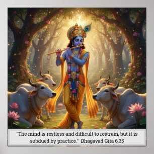 Poster Seigneur Krishna Forêt de Vrindavan Jeu de Flûte D