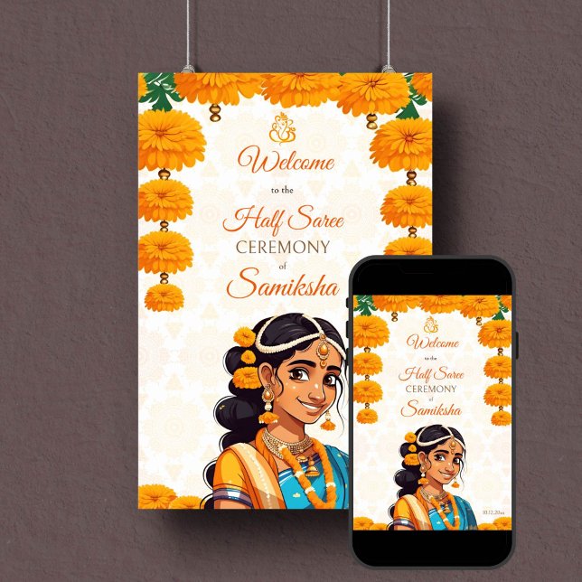 Poster Semi Saree cérémonie mignonne fille indienne signe (Half saree ceremony welcome sign poster instant download cute Indian girl in sari with marigolds)