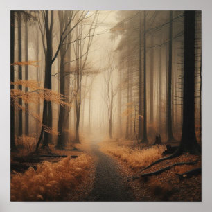 Poster Sentier brumeux tranquille à travers l'automne dor