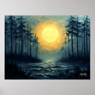 Poster Sentier forestier serein au clair de lune avec ple