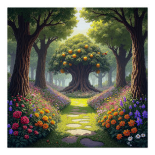 Poster Sentier sinueux à travers la prairie fleurie jusqu