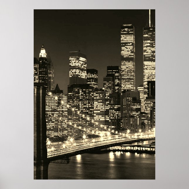 Poster Sepia Brooklyn Bridge New York Nuit (Devant)