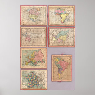 Poster Sept cartes de puzzle du monde