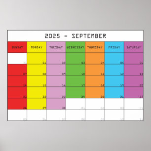 Poster Septembre 2025 jours de couleur plancer calendrier