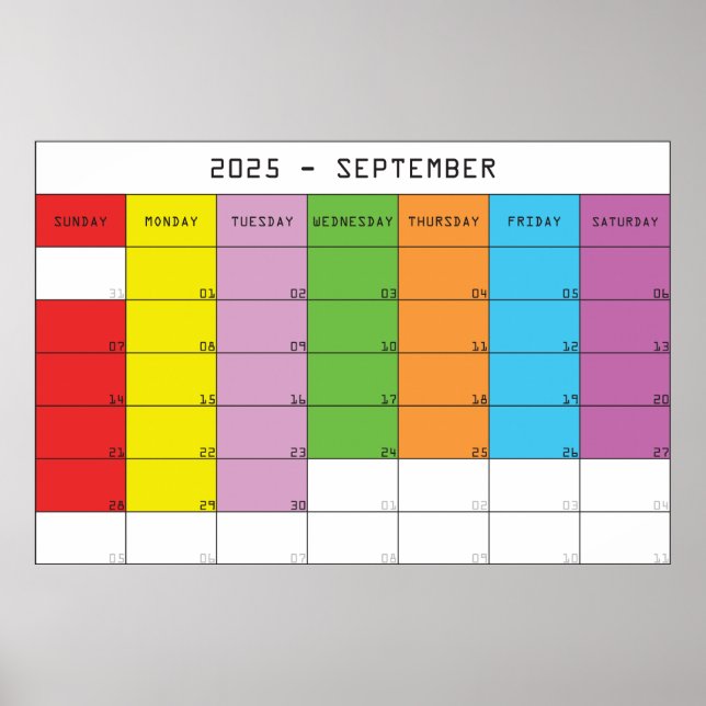 Poster Septembre 2025 jours de couleur plancer calendrier (Devant)