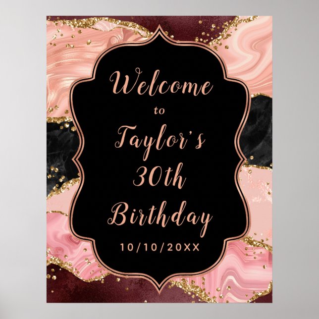 Poster Séquins noirs et roses Agate Anniversaire Bienvenu (Devant)