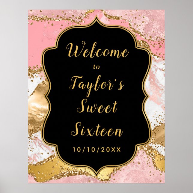 Poster Séquins or et rose Agate Sweet sixteen Bienvenue (Devant)