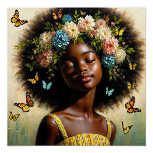 Poster Serene Black Girl with Afro and Floral Crown (Devant)