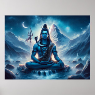 Poster Serene Blue Cosmic Artwork Lord Shiva Méditation