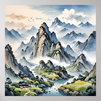 Poster Serene Misty Mountains, Paysage Tranquille