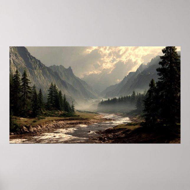 Poster Serene River Flowing Through Mountain Hill Valley  (Devant)