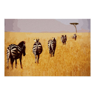 Poster Serene Safari – Zèbres dans les prairies dorées