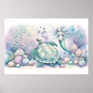 Poster Serene Sea Turtle et Mermaid Imprimer