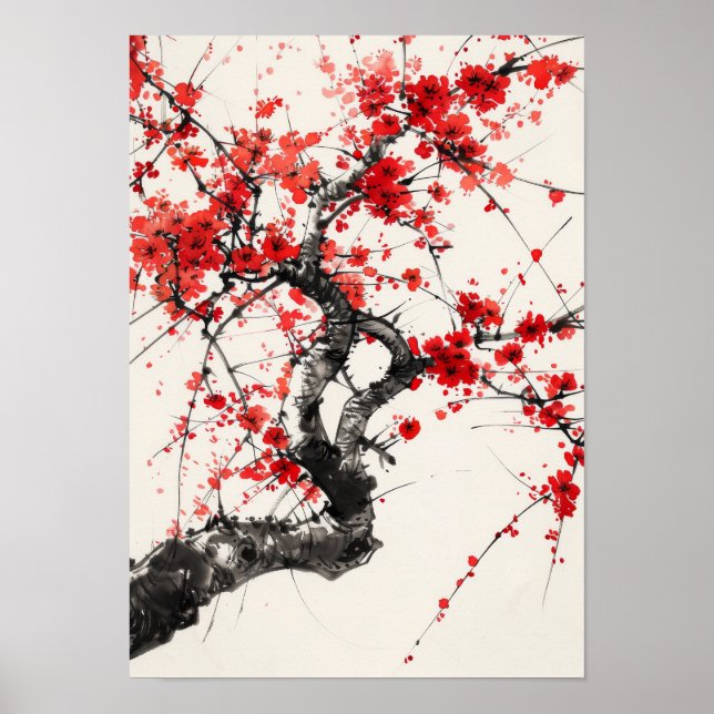 Poster Sérénissime Fleur de Cerisier Arbre chinois Peintu (Devant)