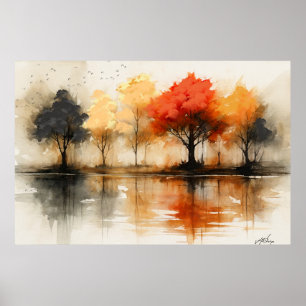 Poster Sérénité d'automne - Reflets brumeux et arbre arde