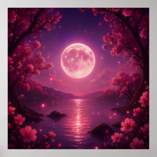 Poster Sérénité des cerisiers en fleurs au clair de lune