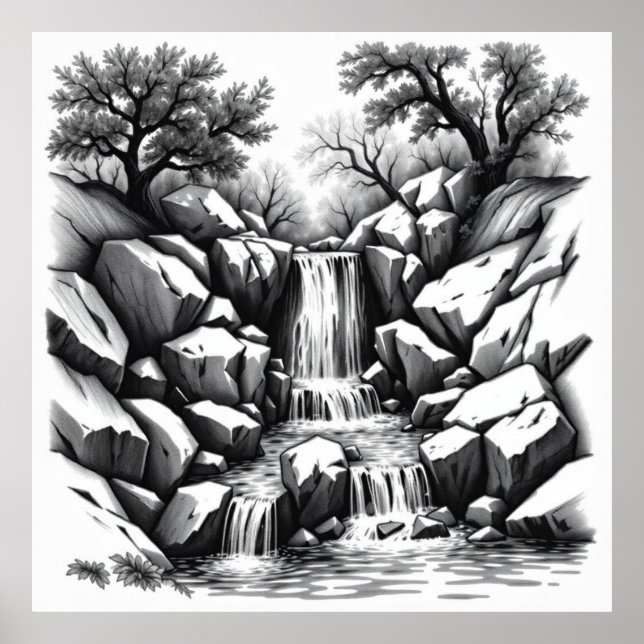 Poster Sérénité Falls : Cascade Charcoal Art (Devant)