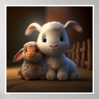 Poster Série d'amis de la grange - Lapin mignon et agneau