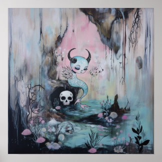 Poster Serpent de mer à cornes crâne Witchy AI Art Matte 