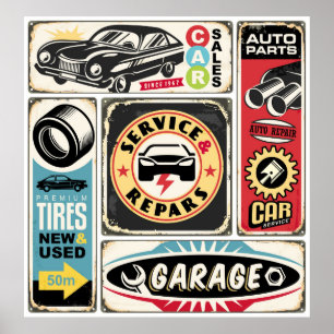 Poster Service de voiture et réparation rétro panneaux de