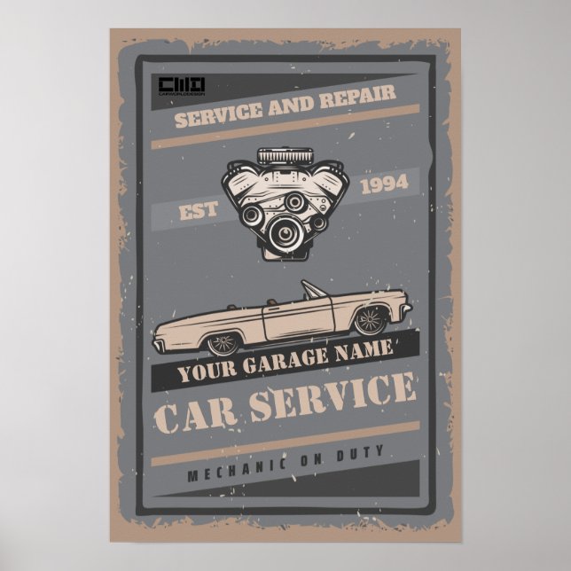 Poster Service de voiture personnalisé garage rétro Poste (Devant)