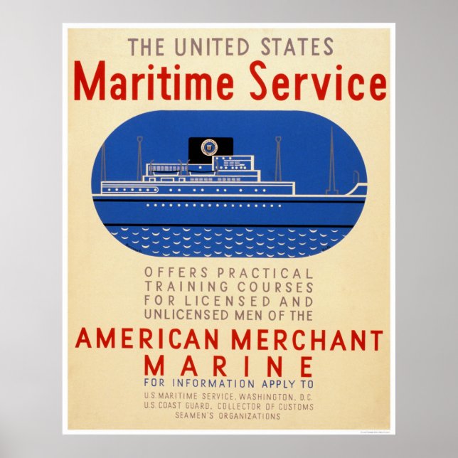 Poster Service maritime - Vue latérale du navire - WPA (Devant)