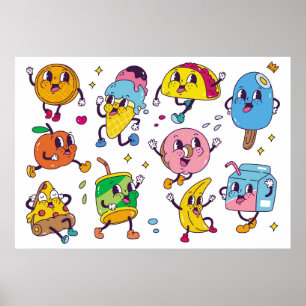 Poster Set of food and drink in retro cartoon style illus
