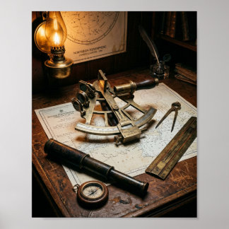Poster Sextant en laiton antique & bureau de navigation n