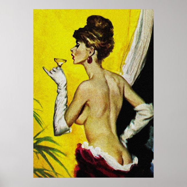 Poster Sexy Lady Boire Vin Retro Pousse Couverture Art (Devant)
