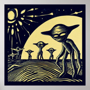 Poster SF - Aliens sur une planète étrange coupe de bois