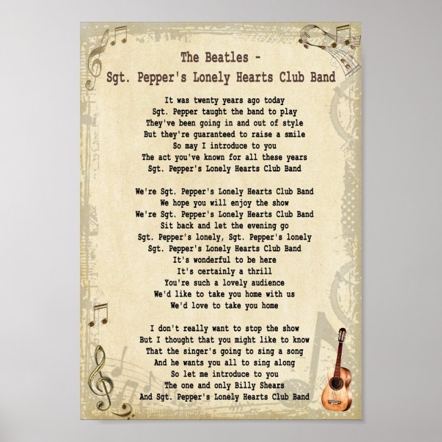 Poster Sgt Pepper's Lonely Hearts Club Band Chanson lyriq (Devant)