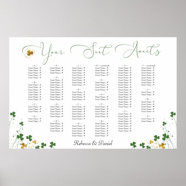 Poster Shamrock Calligraphie Mariage irlandais Plan de si (Devant)