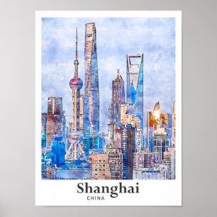 Poster Shanghai Chine Aquarelle Sketch Dessin Main