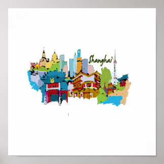 Poster shanghai ville aquarellée teintes muettes design.p