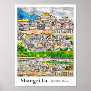 Poster Shangri La Yunnan Chine Travel Art Aquarelle